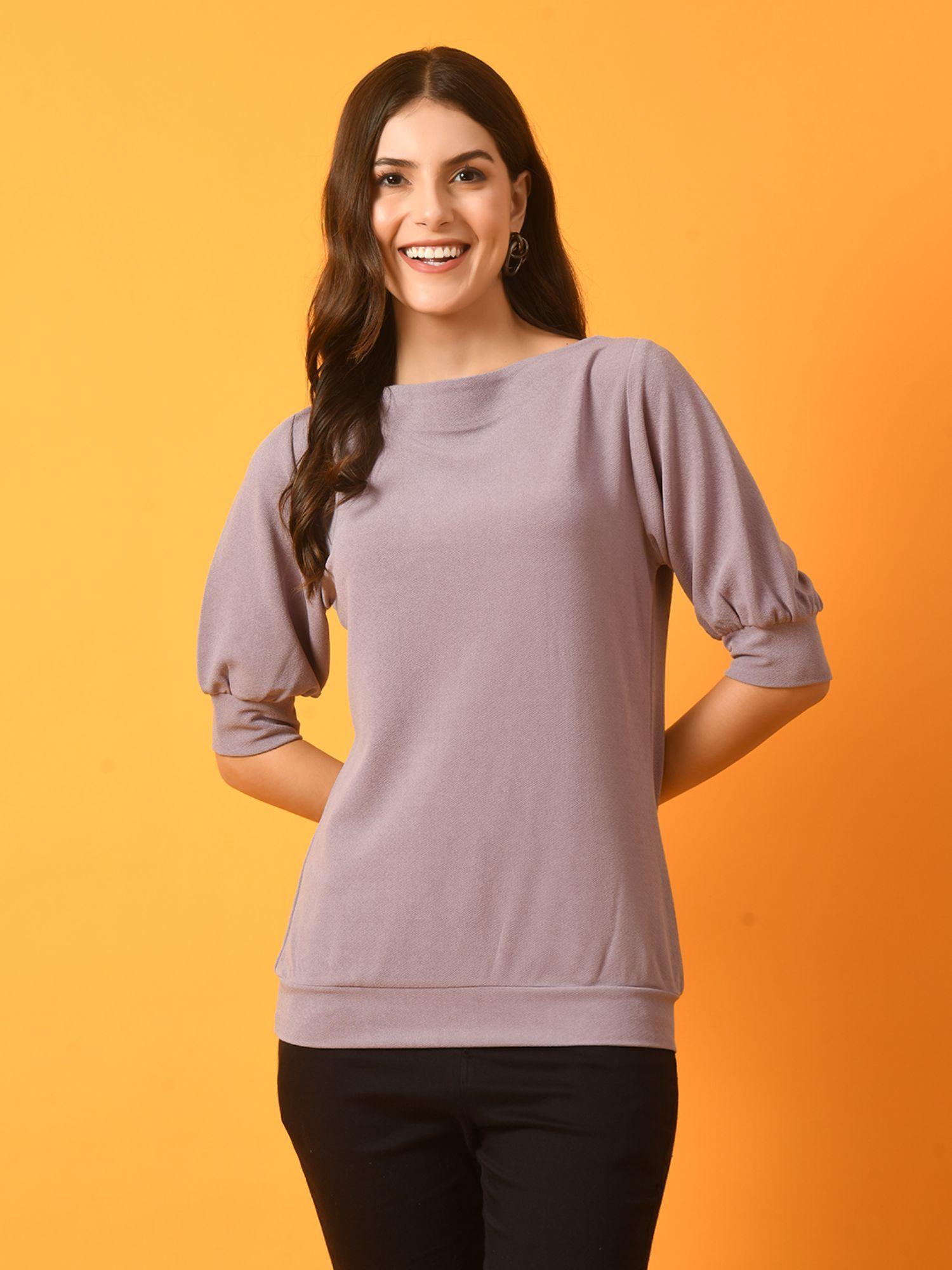 lavender solid round neck party top