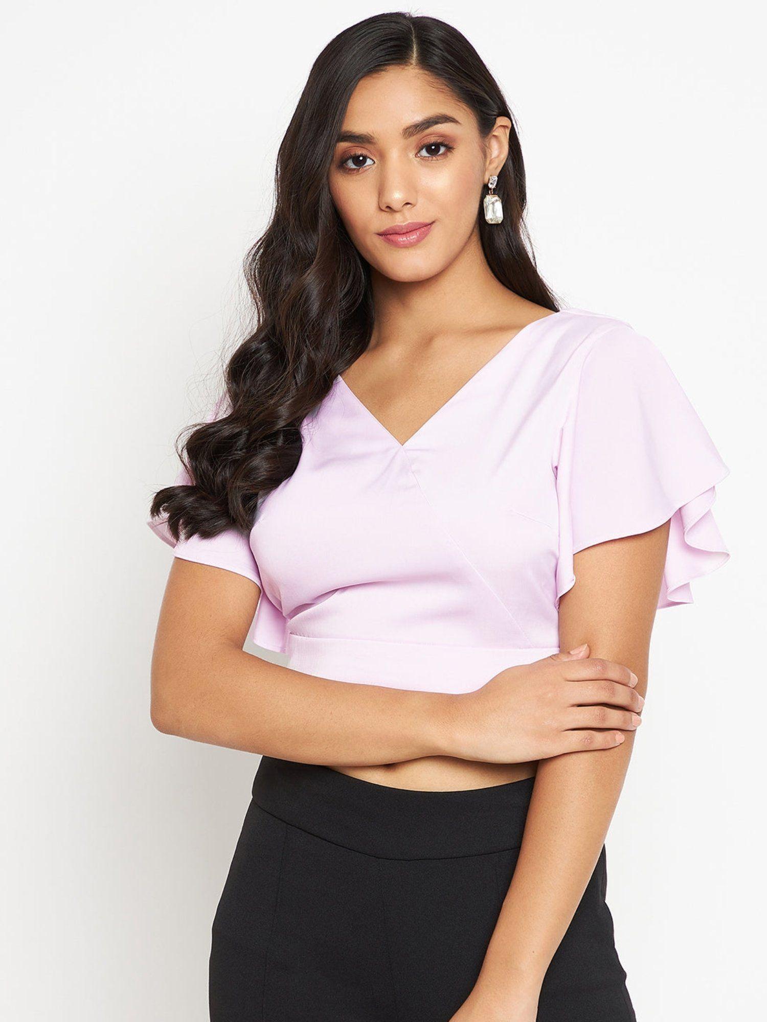 lavender solid v-neck crop tops (l)