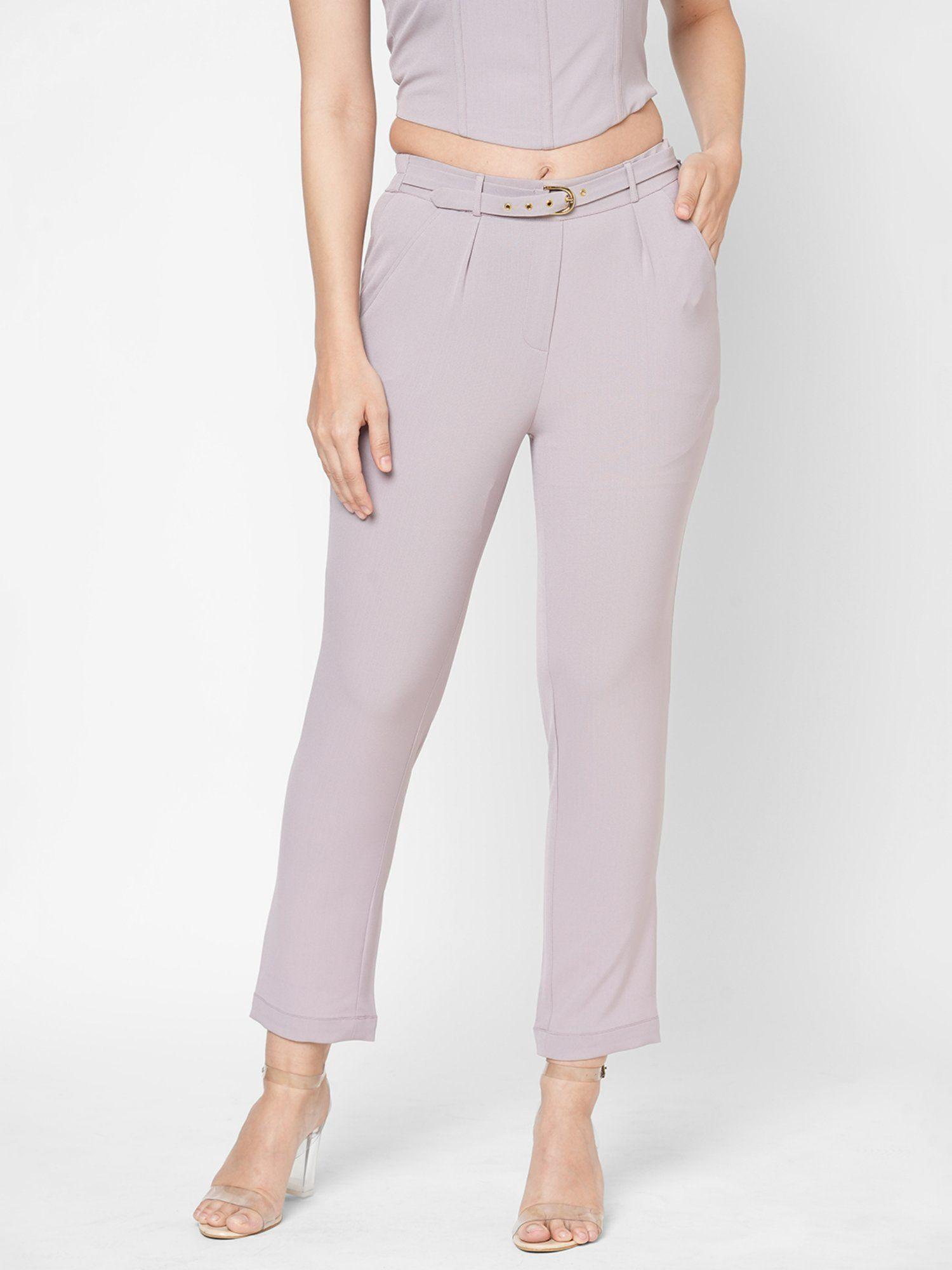 lavender solid waist belt style straight trouser