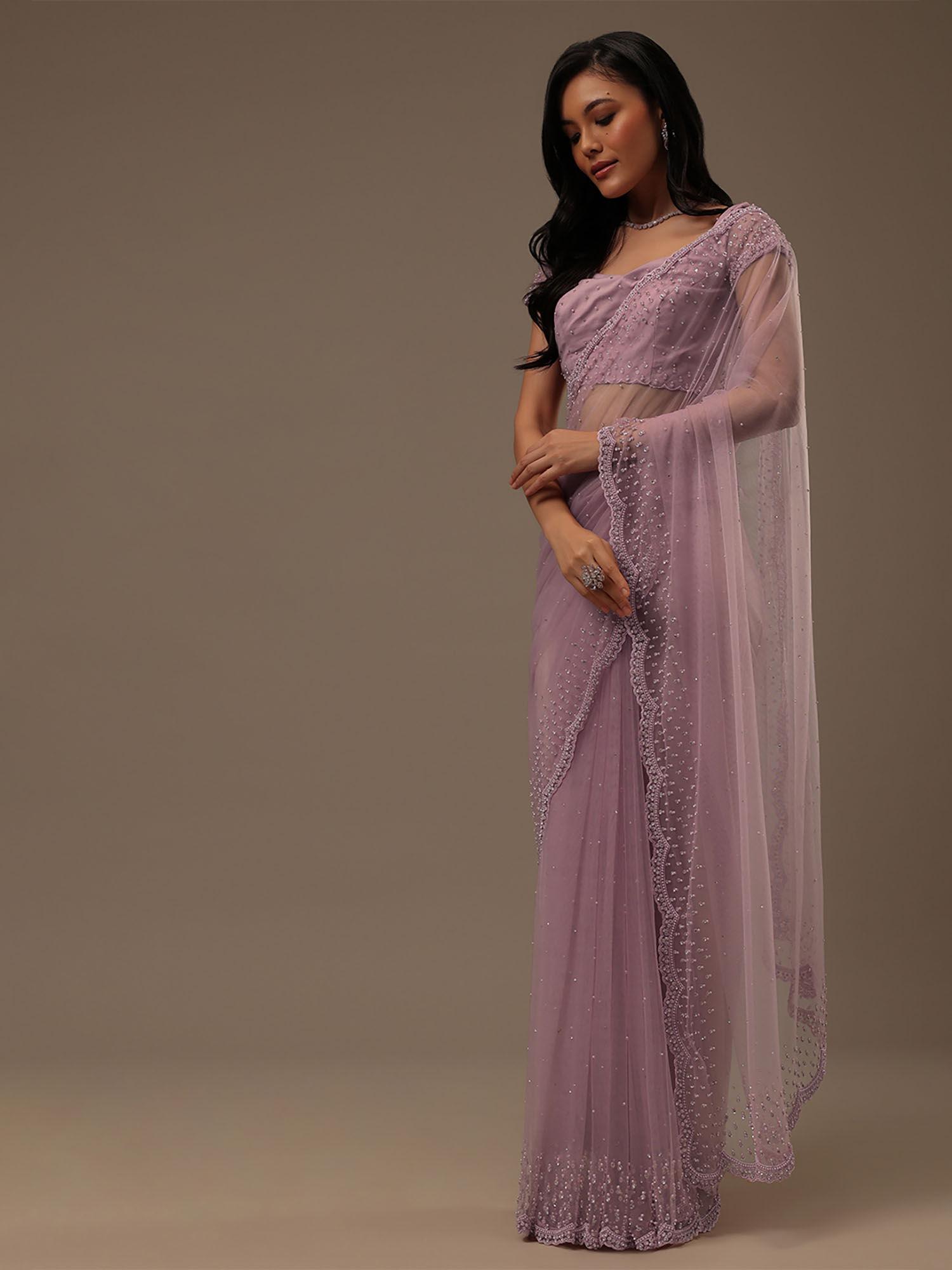 lavender stone & beads embellished saree with unstitched blouse