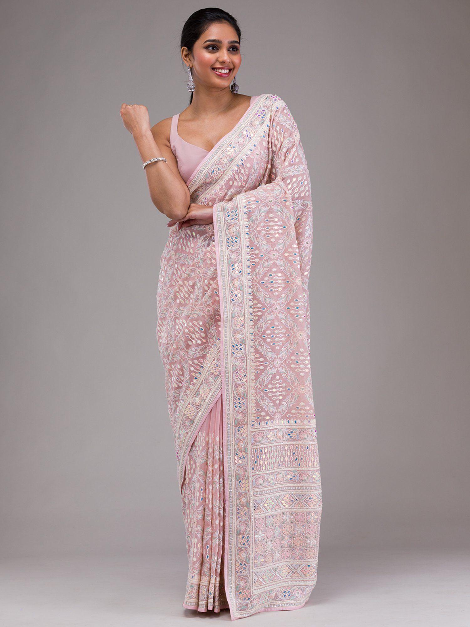 lavender thread work georgette saree with unstitched blouse