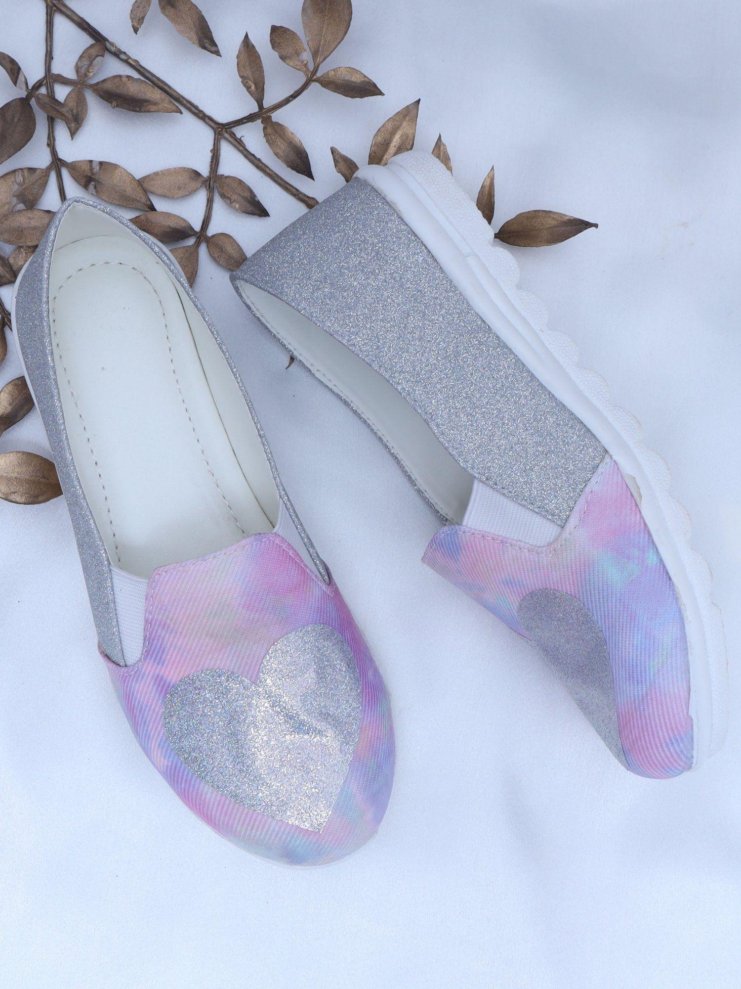 lavender tie and die slip-on shoes for girls with glitter heart appplique