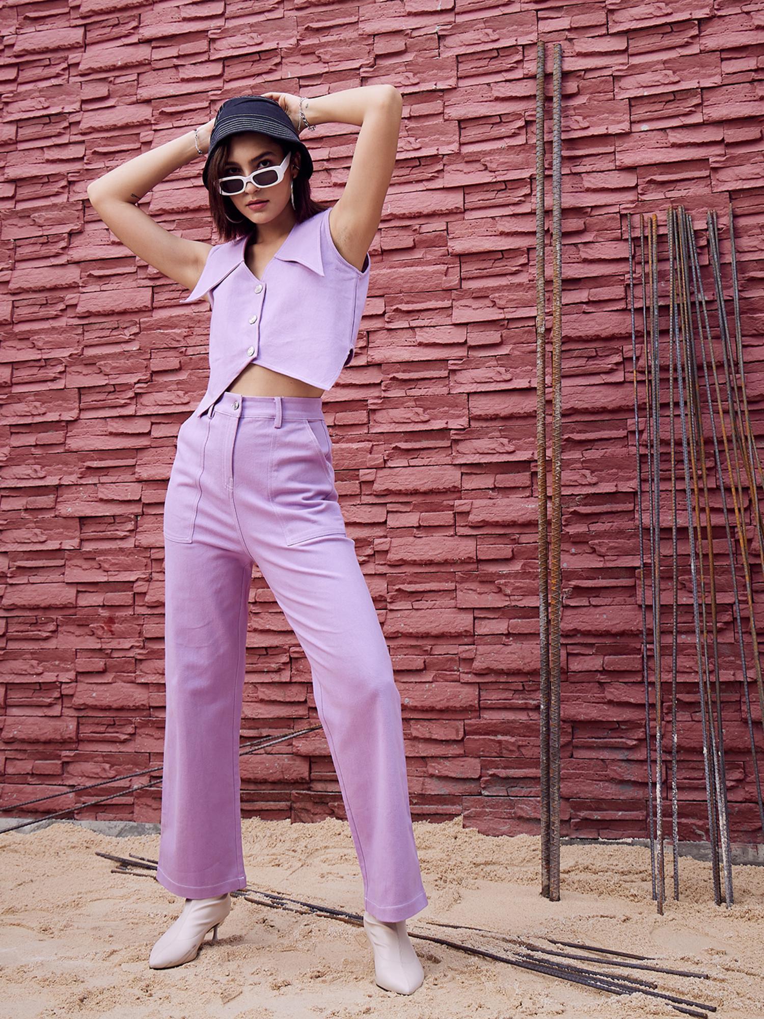 lavender v-neck denim top with trouser (set of 2)