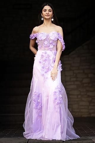 lavender viscose tulle floral embroidered gown