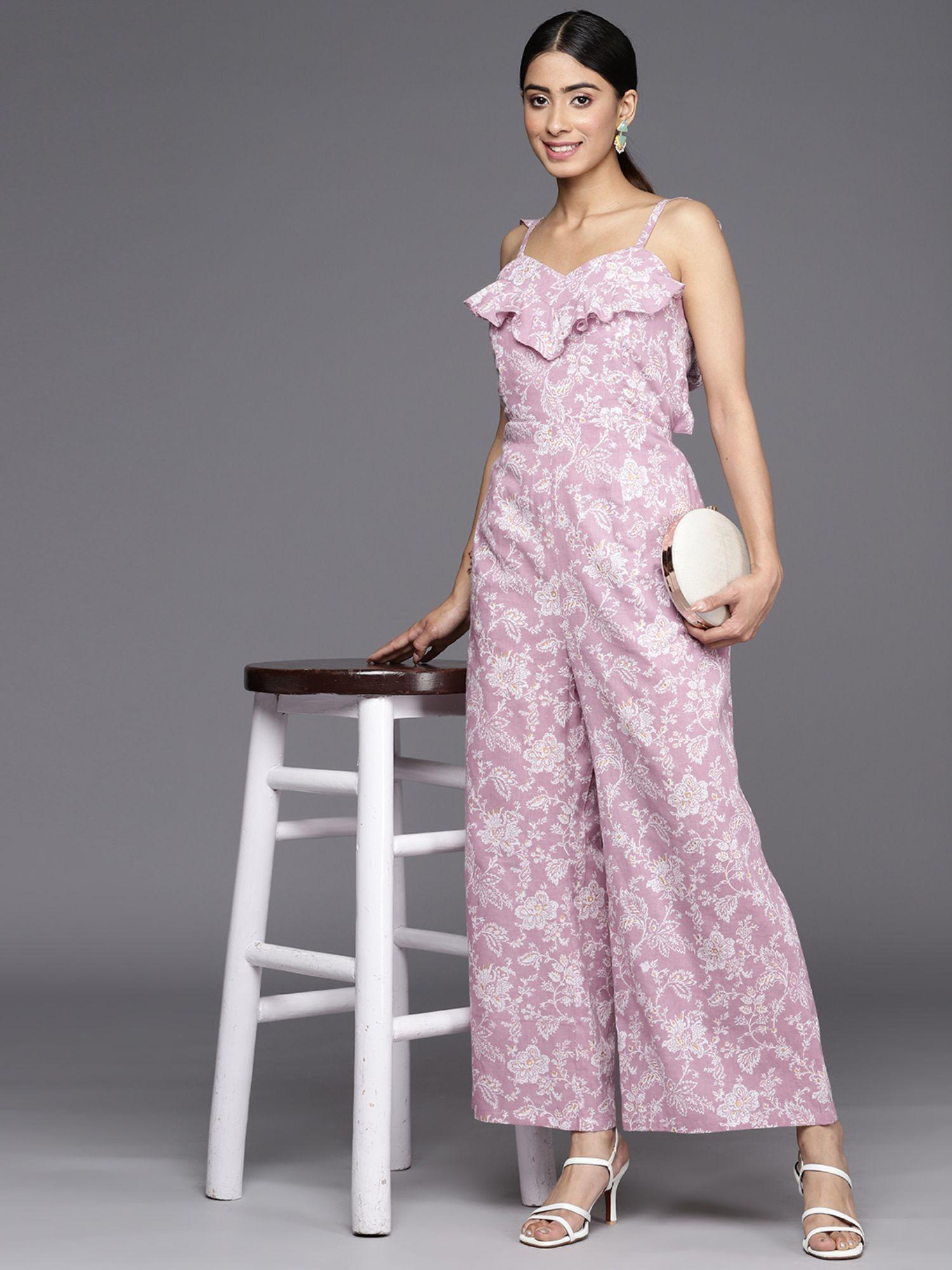 lavender white printed basic jumpsuit with ruffles