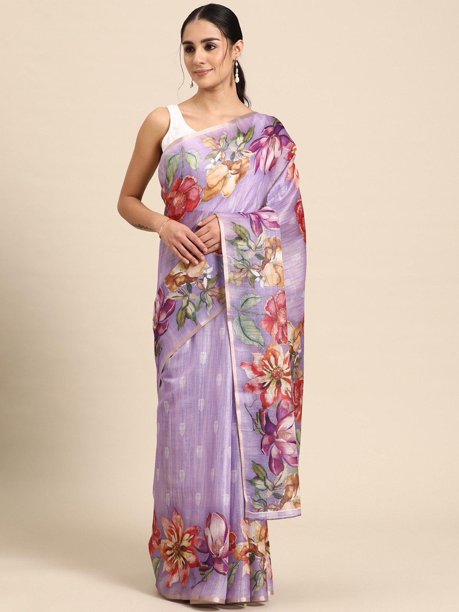 lavender womens cotton silk floral print saree with unstitched