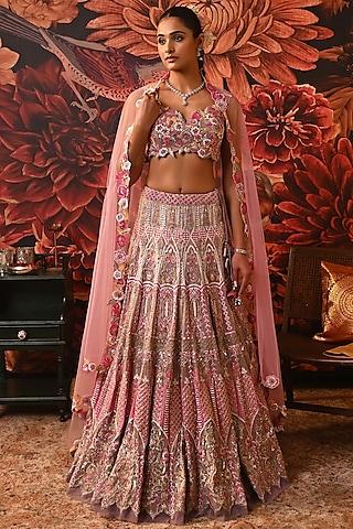 lavender zari brocade printed & embroidered lehenga set