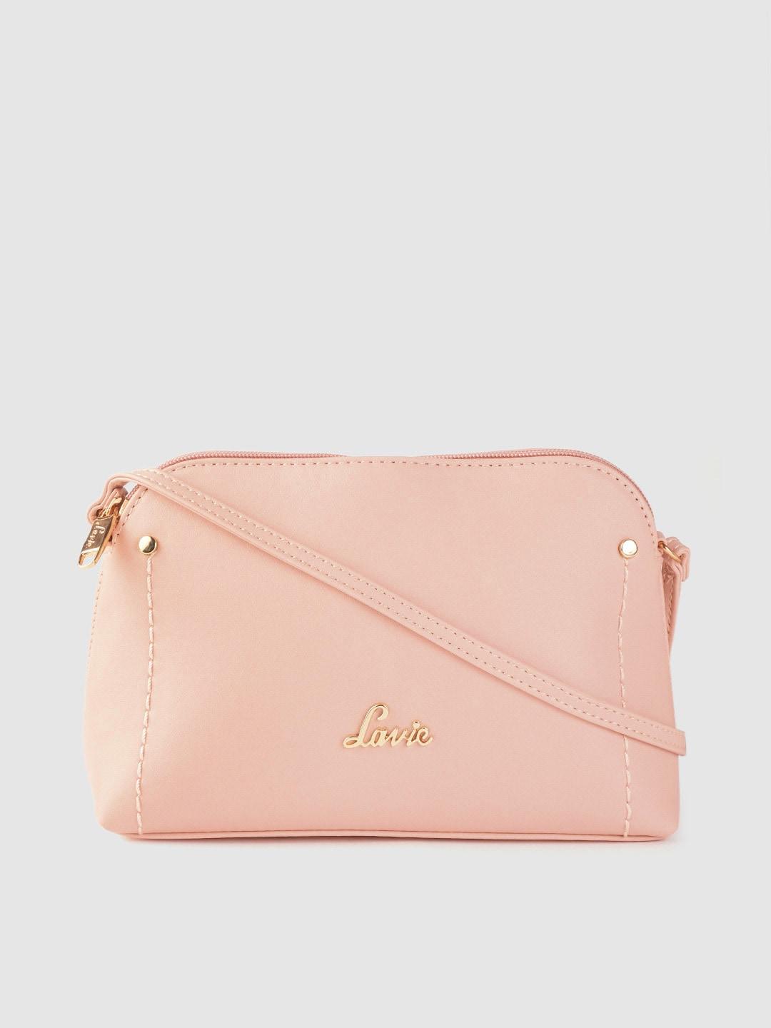 lavie dyna peach-coloured solid structured sling bag