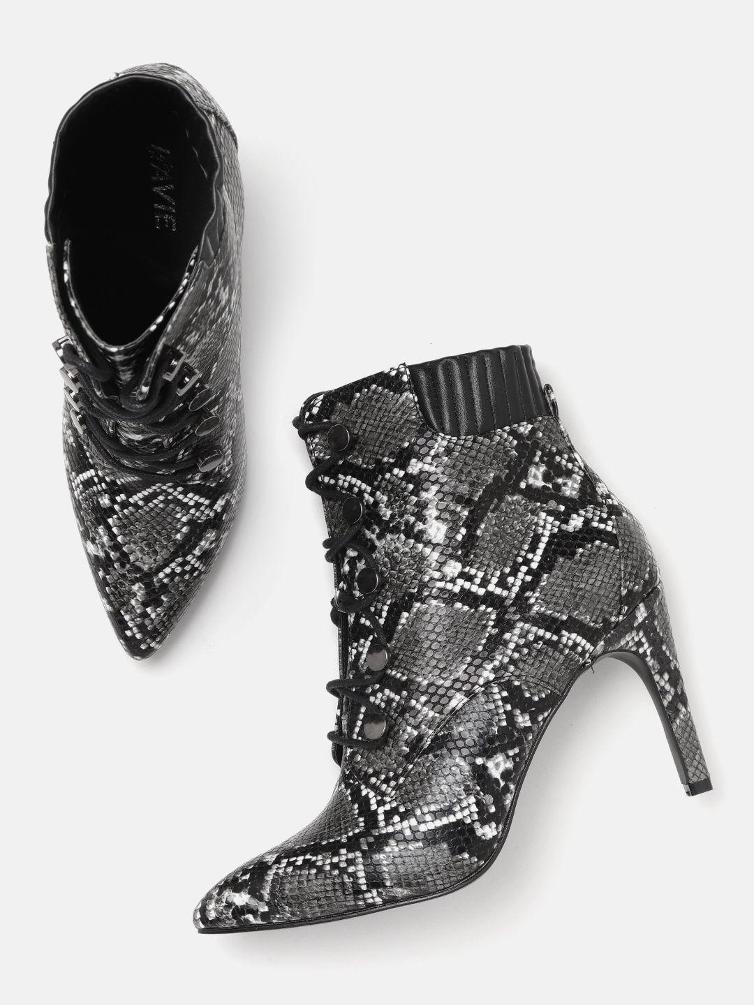 lavie women charcoal grey & black snakeskin textured heeled boots