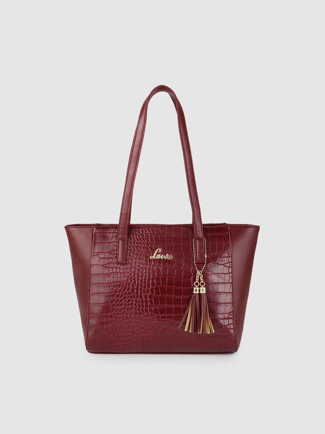 lavie betty maroon animal textured structured shoulder bag with glossy tasselled detail