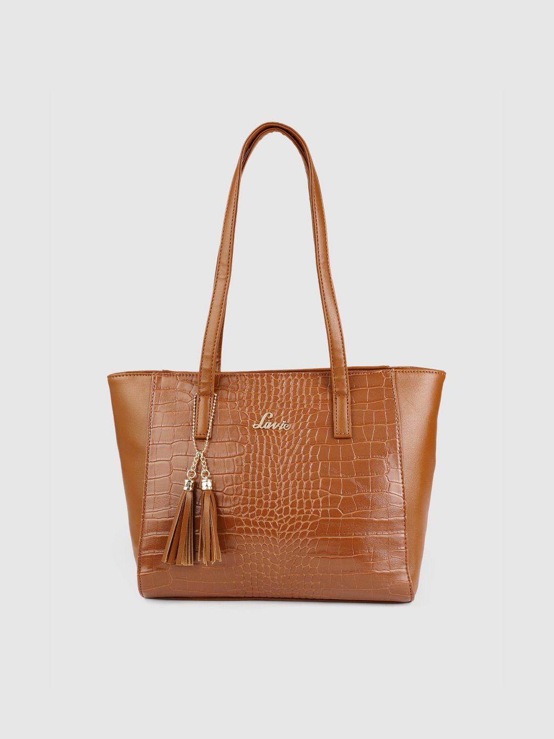 lavie betty tan brown animal textured structured shoulder bag with glossy tasselled detail