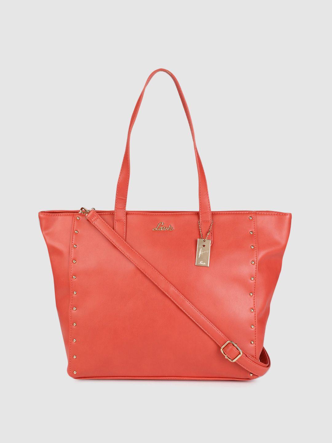 lavie coral orange solid pu regular structured shoulder bag with studs embellished detail