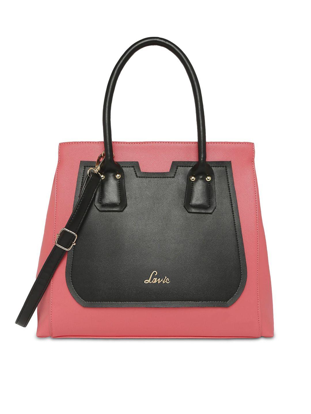 lavie coral red & black color-blocked handheld bag