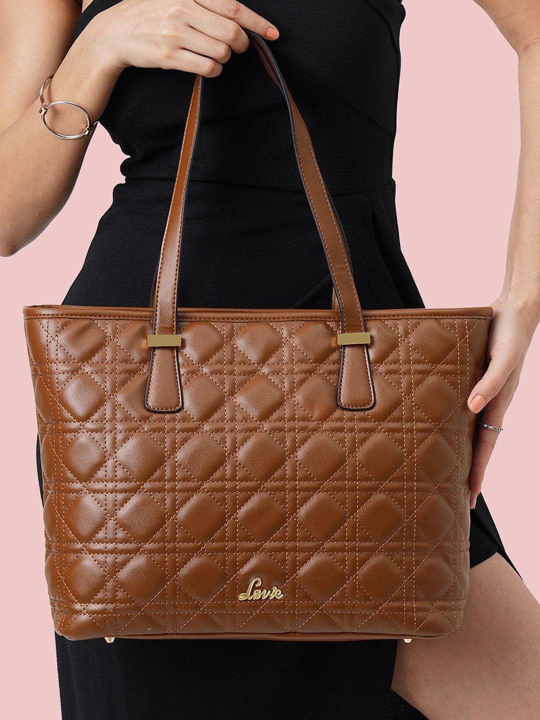 lavie dio sherry brown textured structured shoulder bag with quilted detail