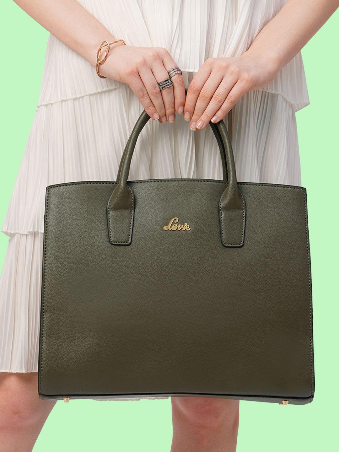 lavie ellon olive green solid structured laptop handheld bag