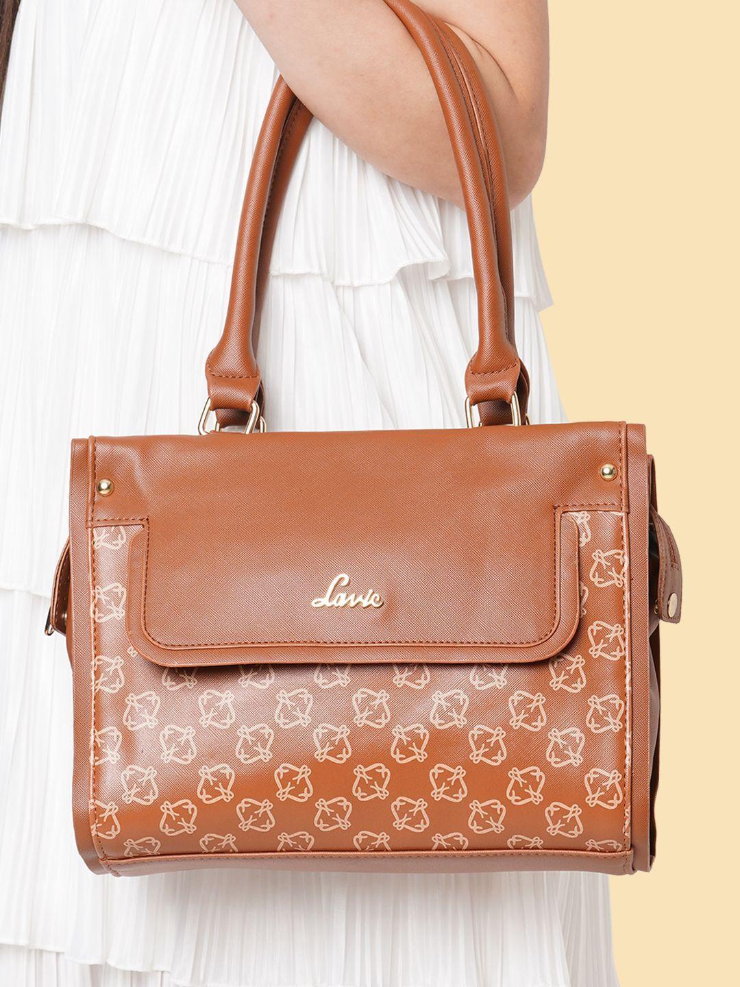 lavie gram women brown geometric print structured flap satchel handbag