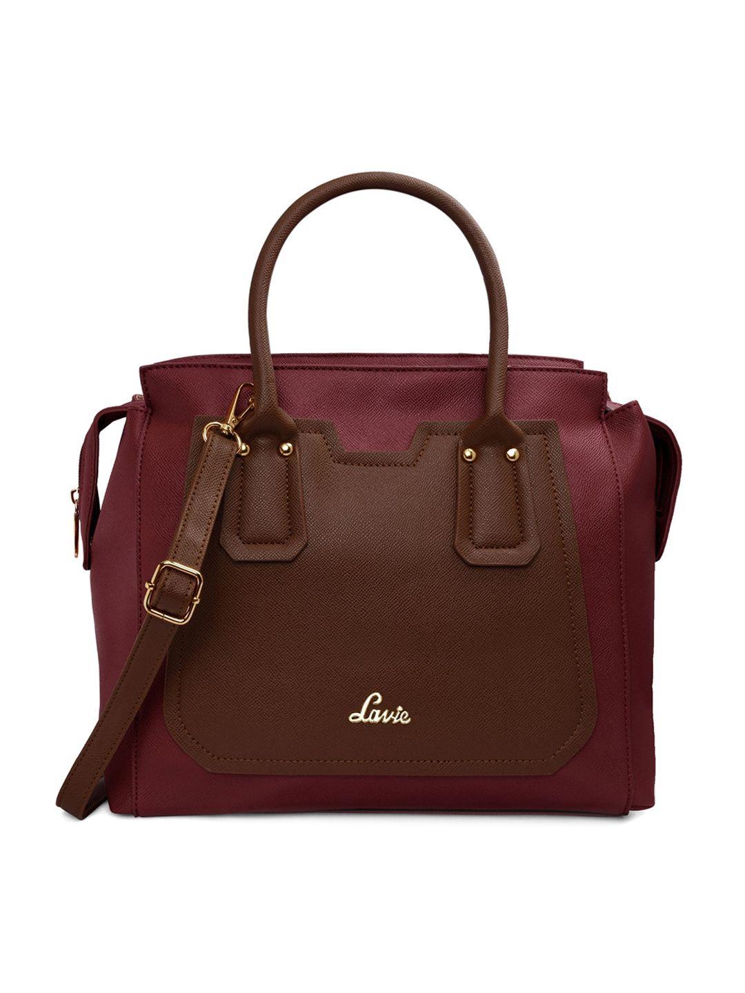 lavie maroon colourblocked structured handheld bag with tasselled