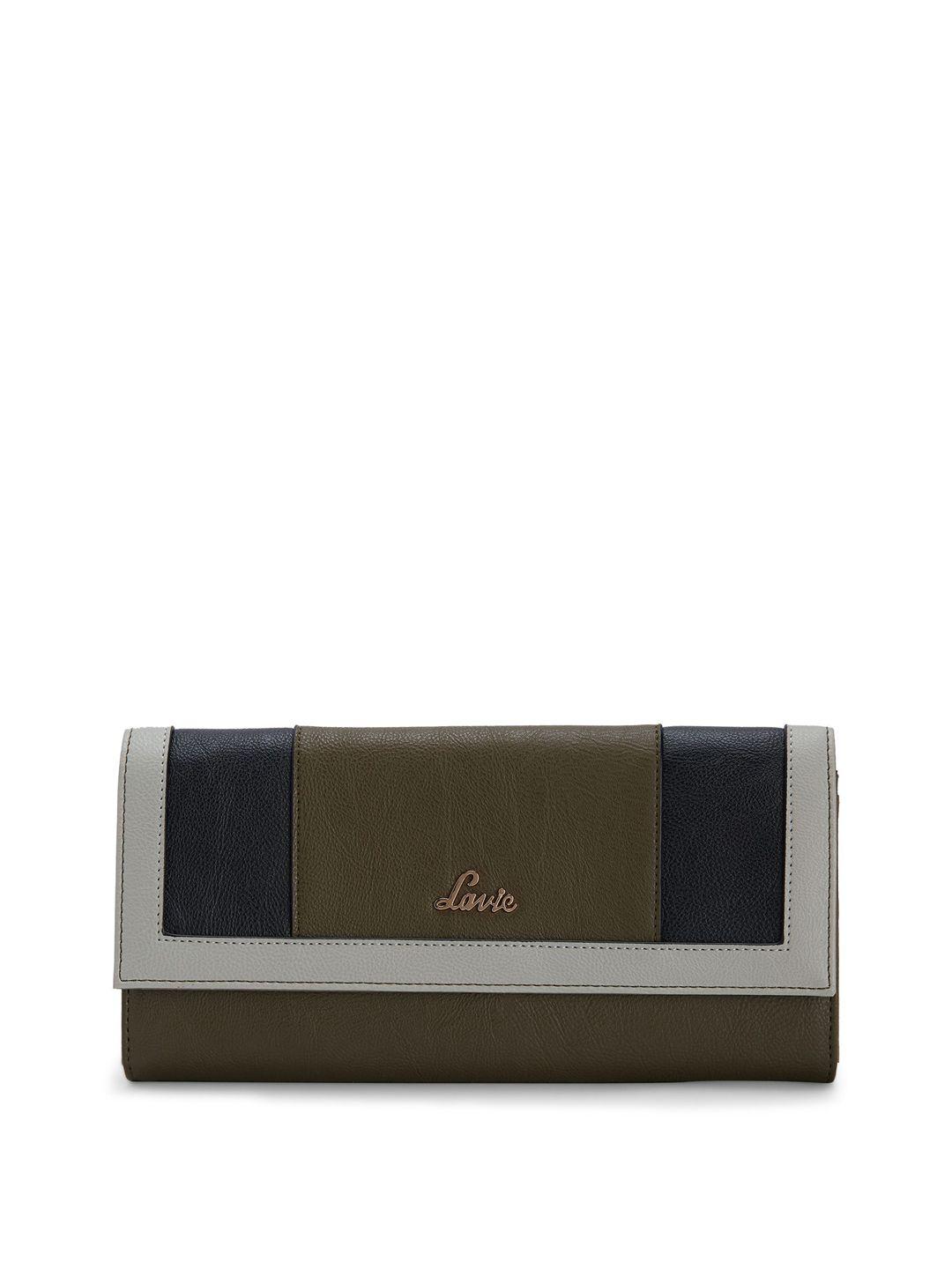 lavie naima women olive green & navy blue colourblocked two fold wallet