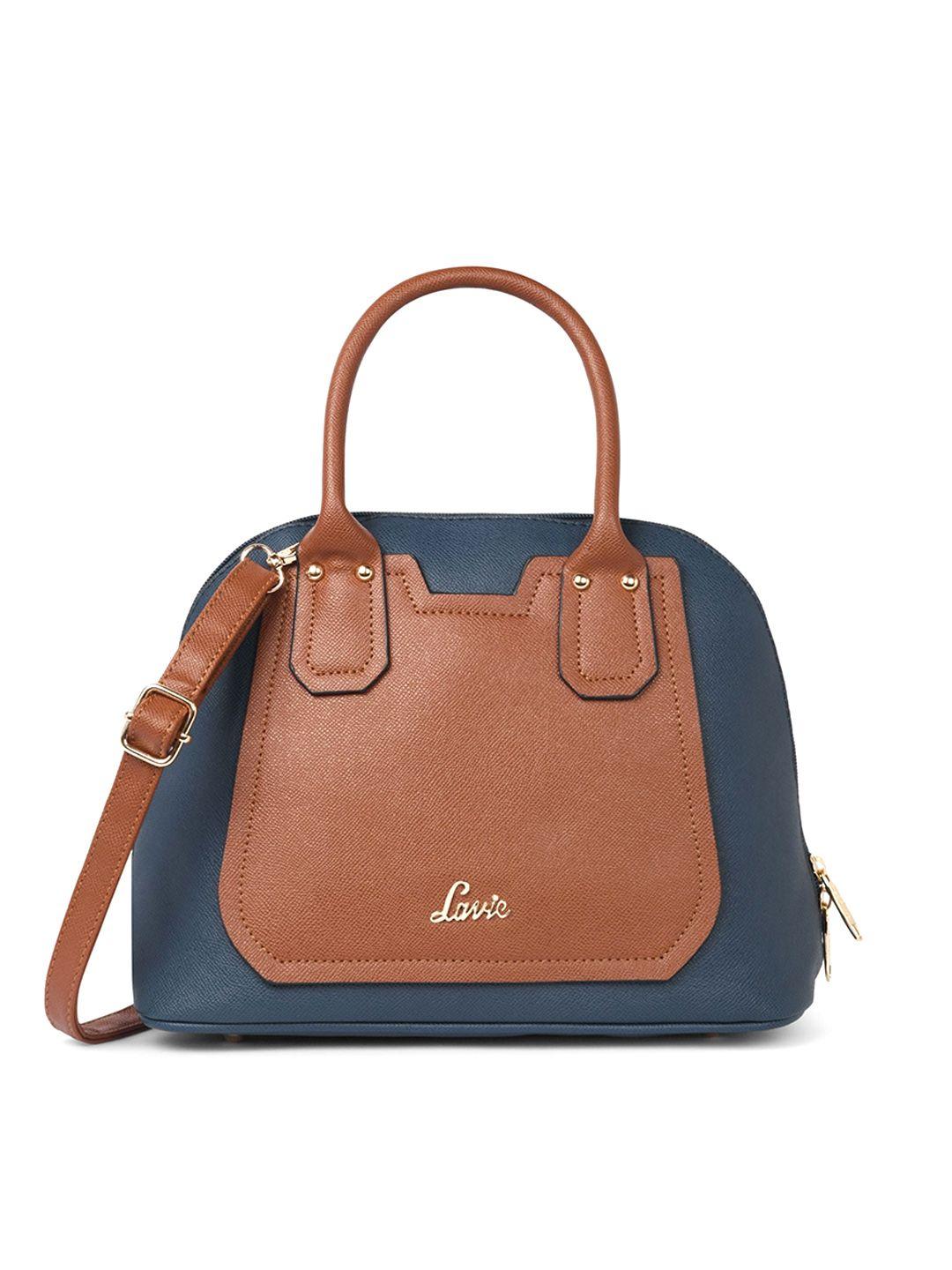 lavie navy blue colourblocked structured handheld bag