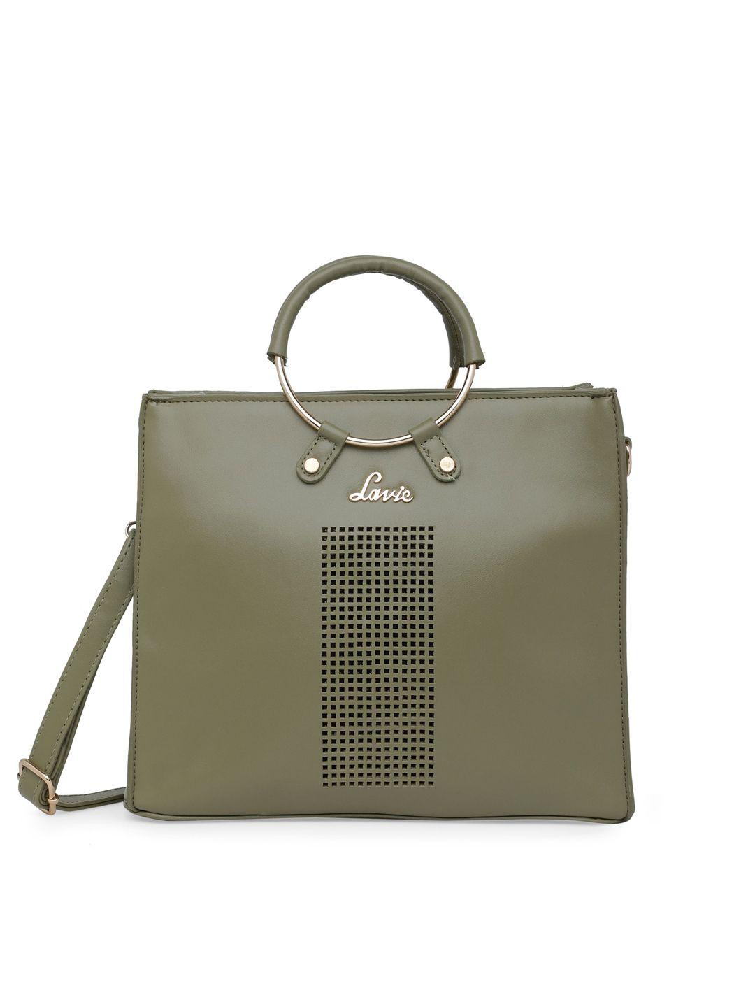 lavie olive green laser cut structured handheld bag with detachable sling strap