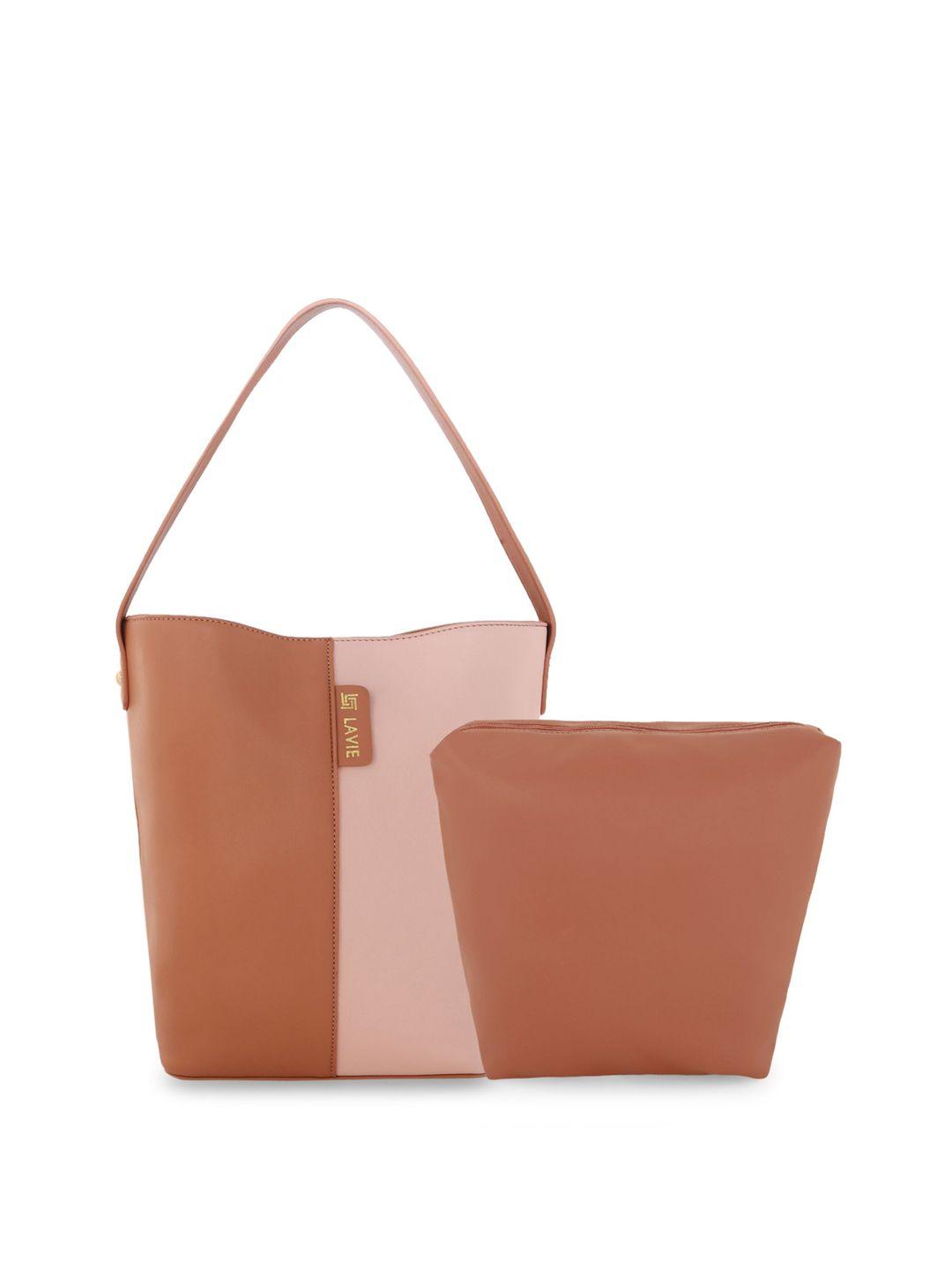 lavie peach-coloured and pink colourblocked shoulder bag with pouch