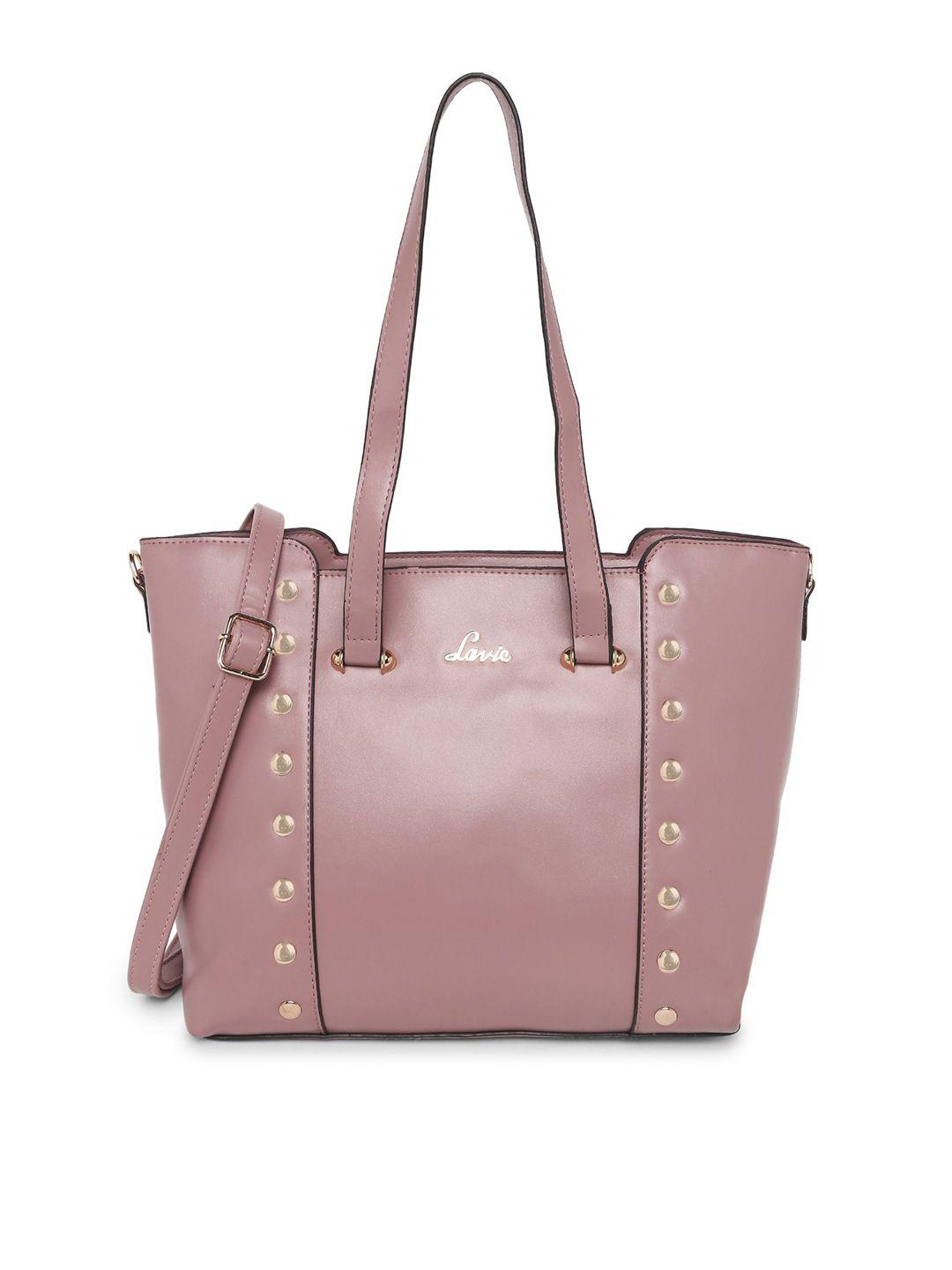 lavie pink solid shopper tote bag with embellished detail