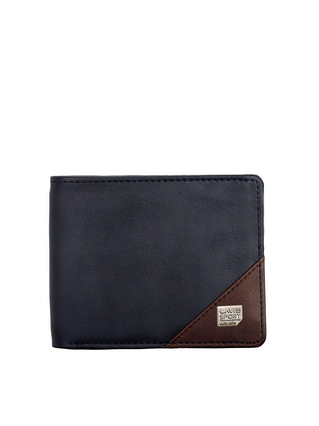 lavie sport men navy blue & brown two fold wallet
