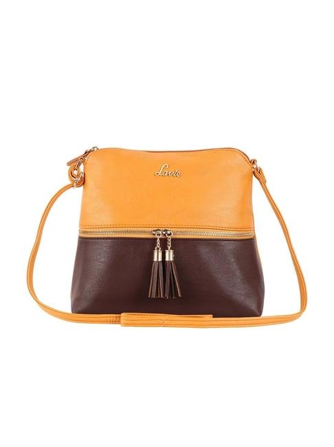 lavie tassel dome ochre polyester color block sling handbag