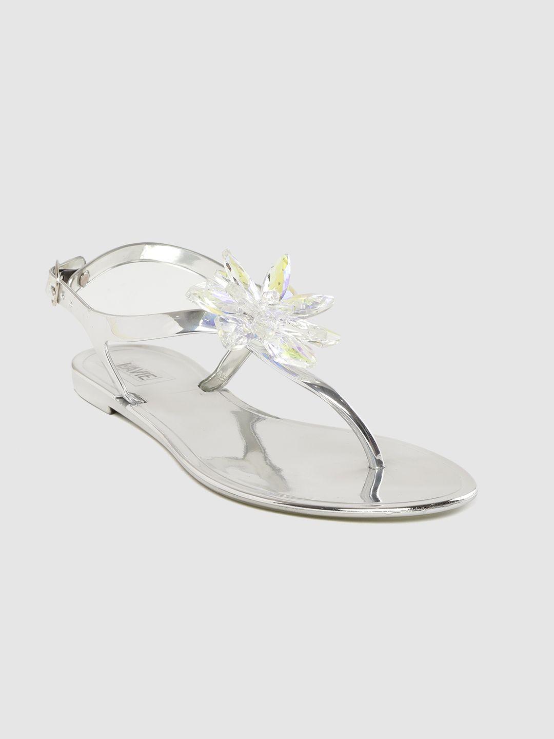 lavie women silver-toned solid t-strap flats with floral stone studded  deatil