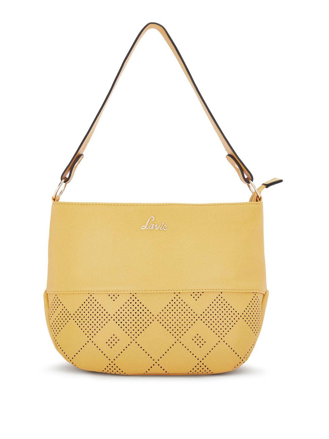 lavie women yellow structured shoulder bag with cut work