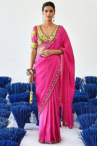 lavish pink satin organza embroidered saree set