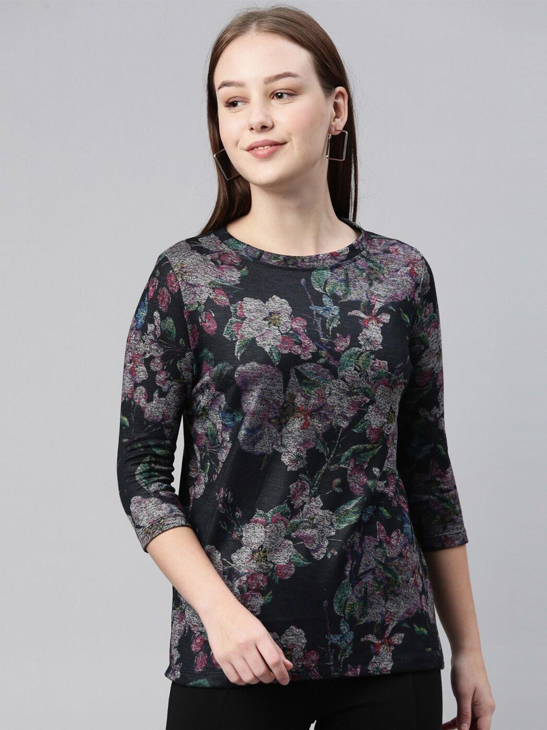 laya women charcoal grey floral printed drop-shoulder sleeves t-shirt