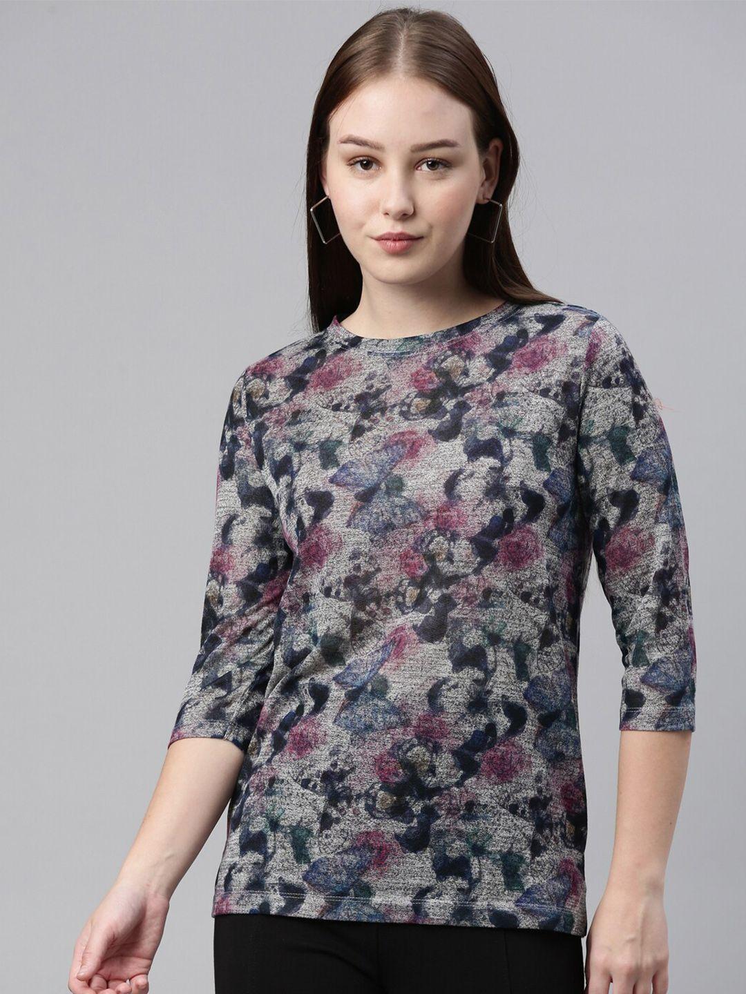 laya women grey floral printed t-shirt