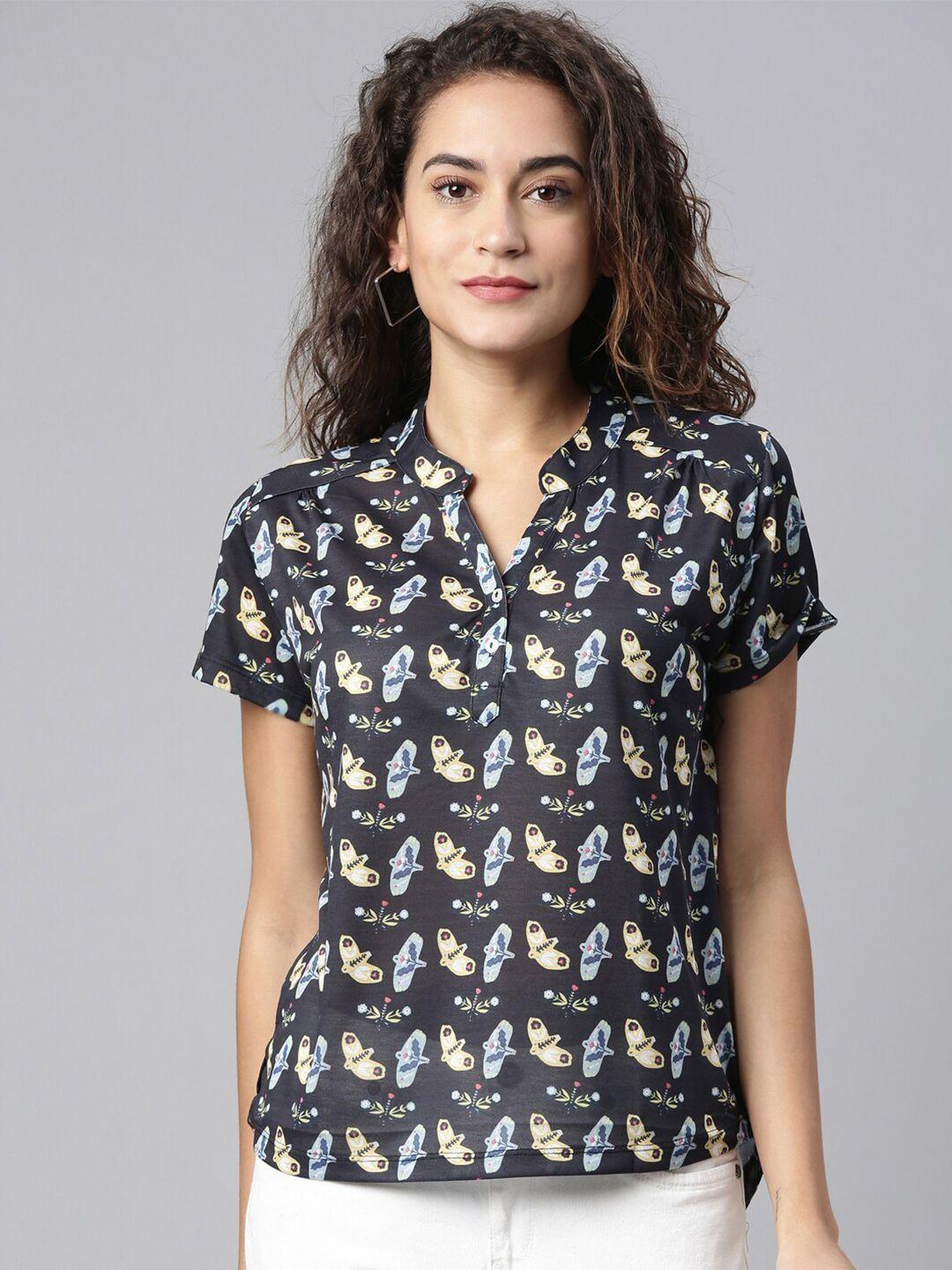 laya black print mandarin collar top