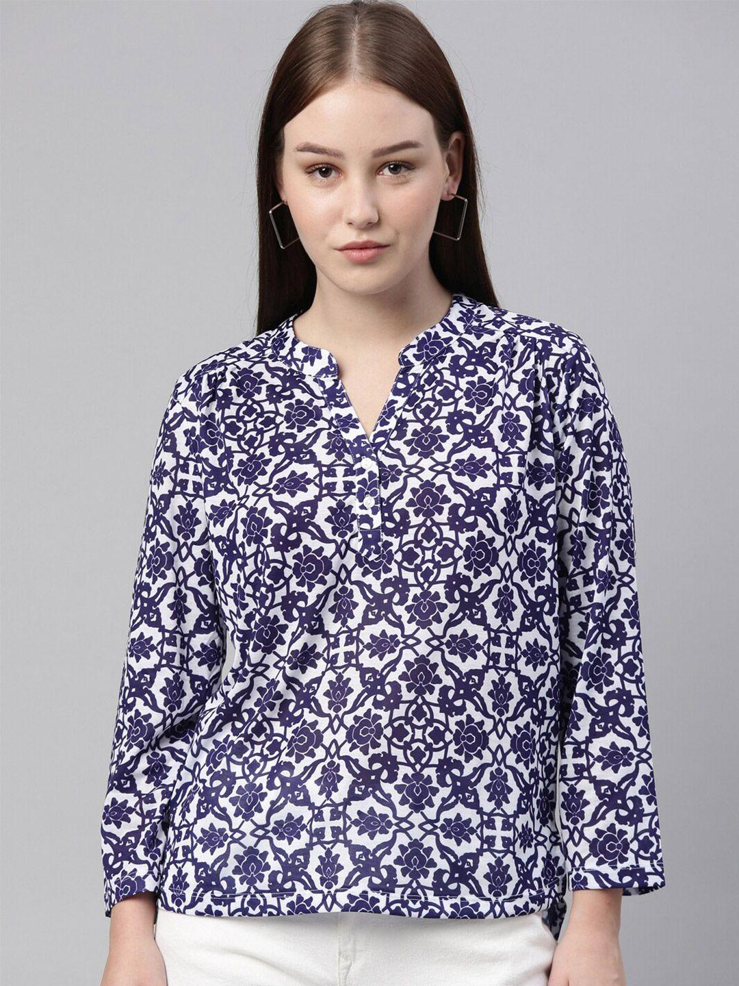 laya blue & white floral print mandarin collar top