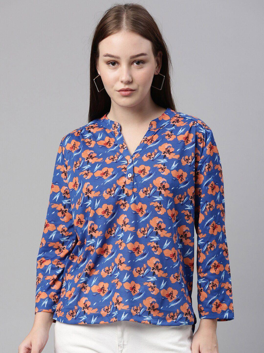 laya blue floral print mandarin collar top