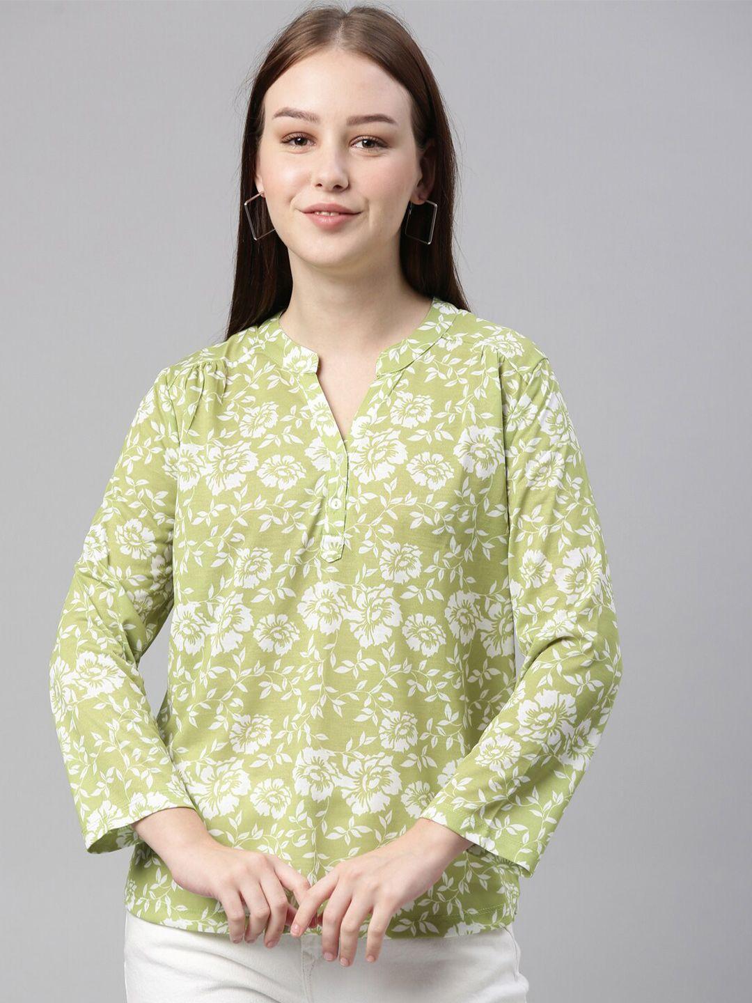 laya green floral print mandarin collar top