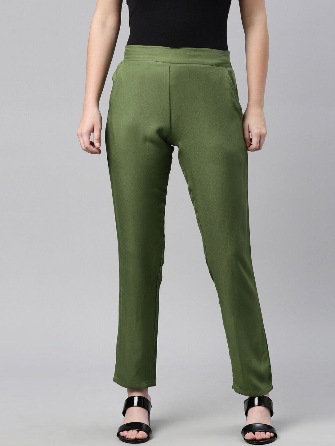 laya women green solid regular fit pencil trousers