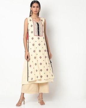 layered straight kurta with printed overlay