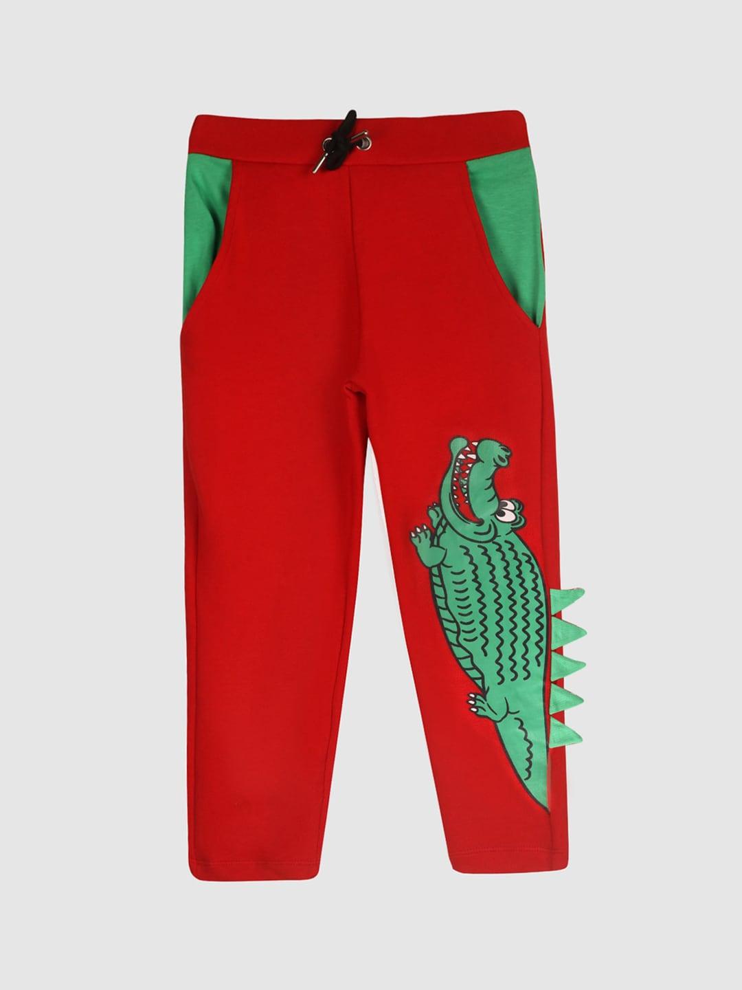lazy shark boys red & green graphic printed cotton track pants