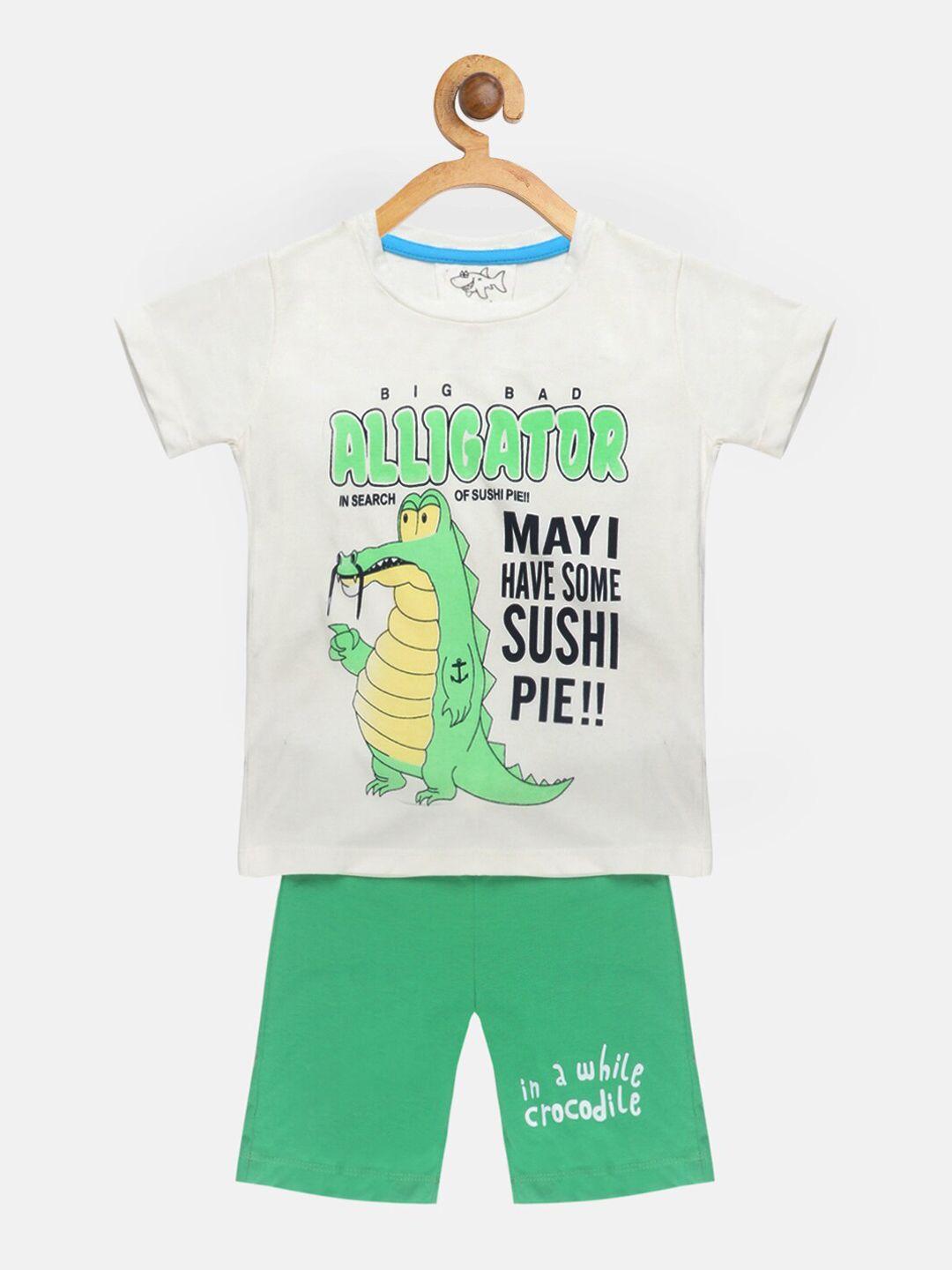 lazy shark boys white & green printed t-shirt with shorts