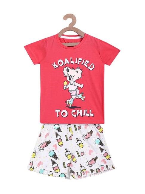 lazy shark kids pink & white printed  top with  shorts