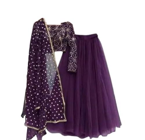 lazy & crazy womens exquisite designer very soft net material long sleeves semi-stitched lehenga set with dupatta ideal for party, function, festive, bride (purple)