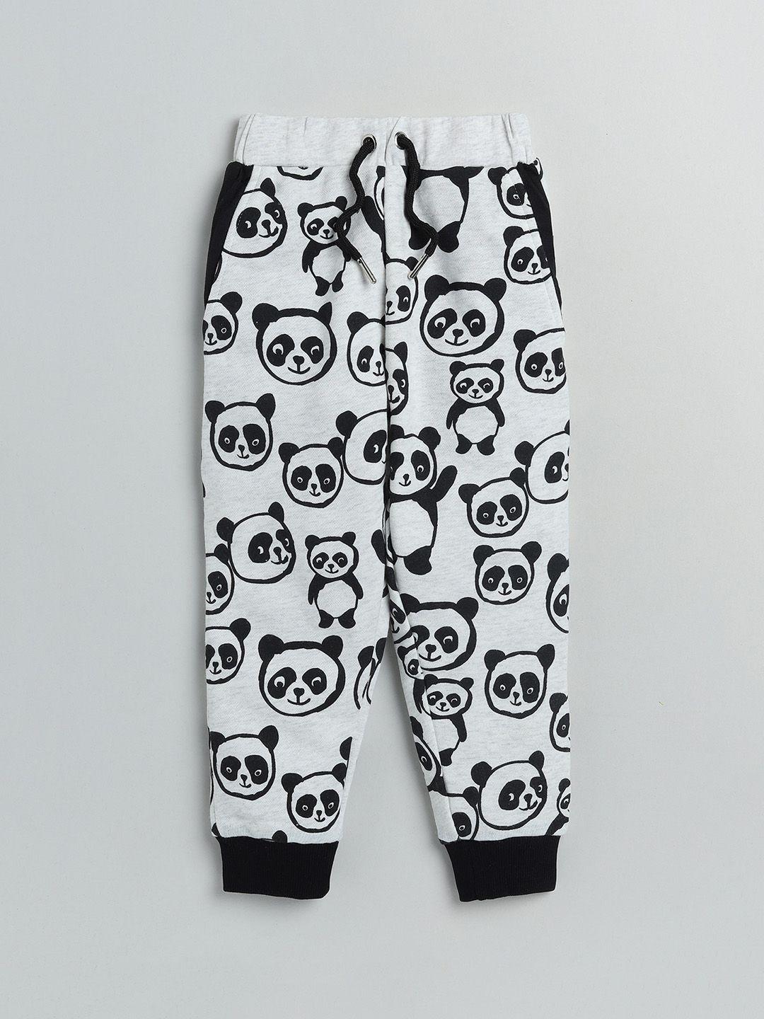 lazy shark boys grey & black panda printed cotton joggers