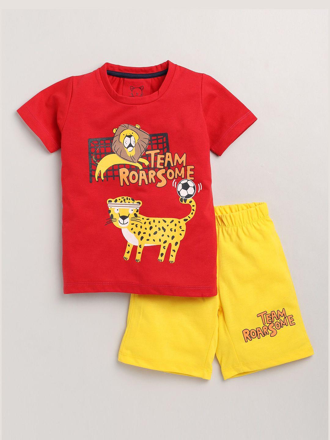 lazy shark boys red & yellow printed t-shirt with shorts