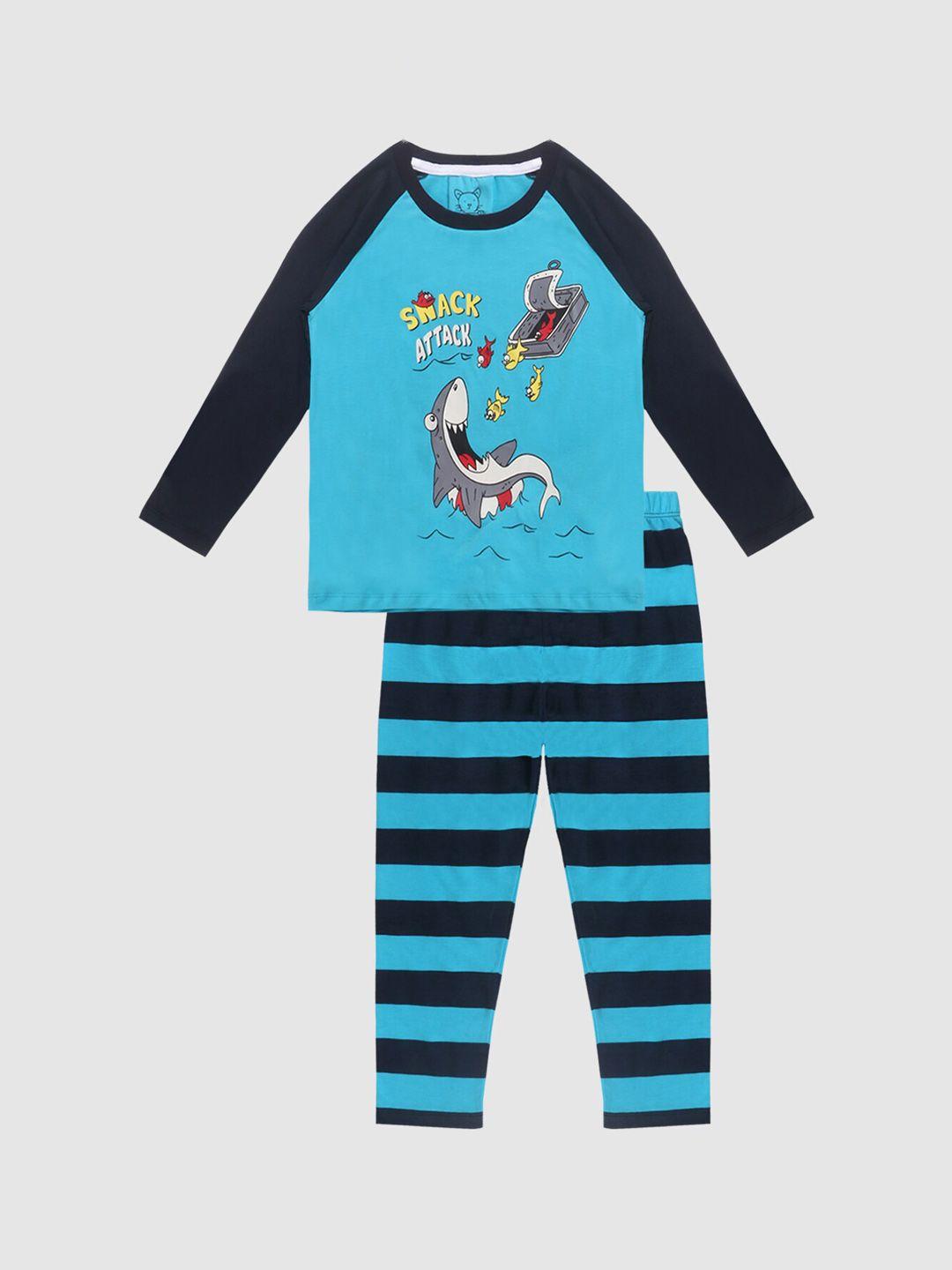 lazy shark boys turquoise blue & black printed night suit