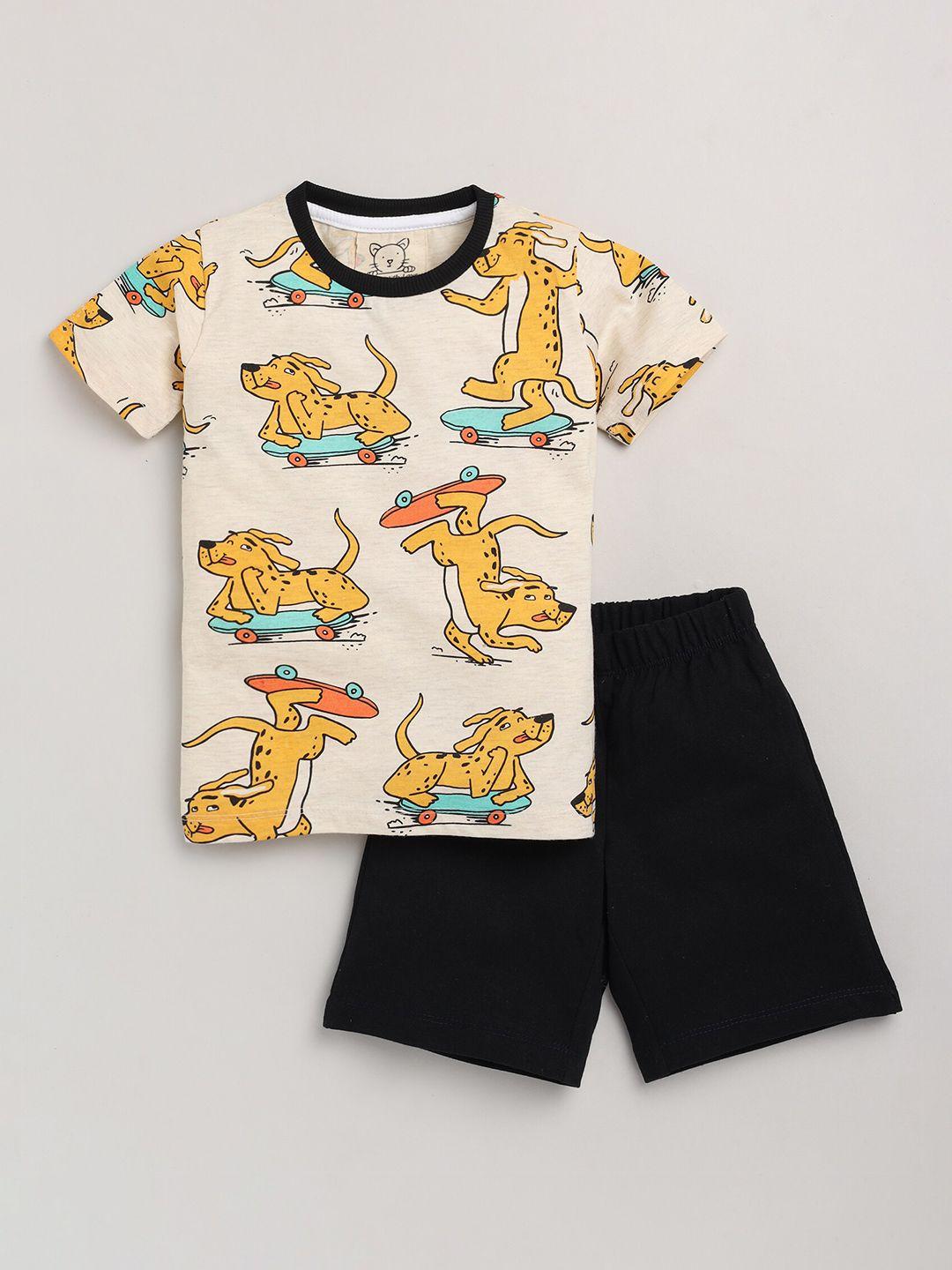 lazy shark boys yellow & black printed cotton co-ords