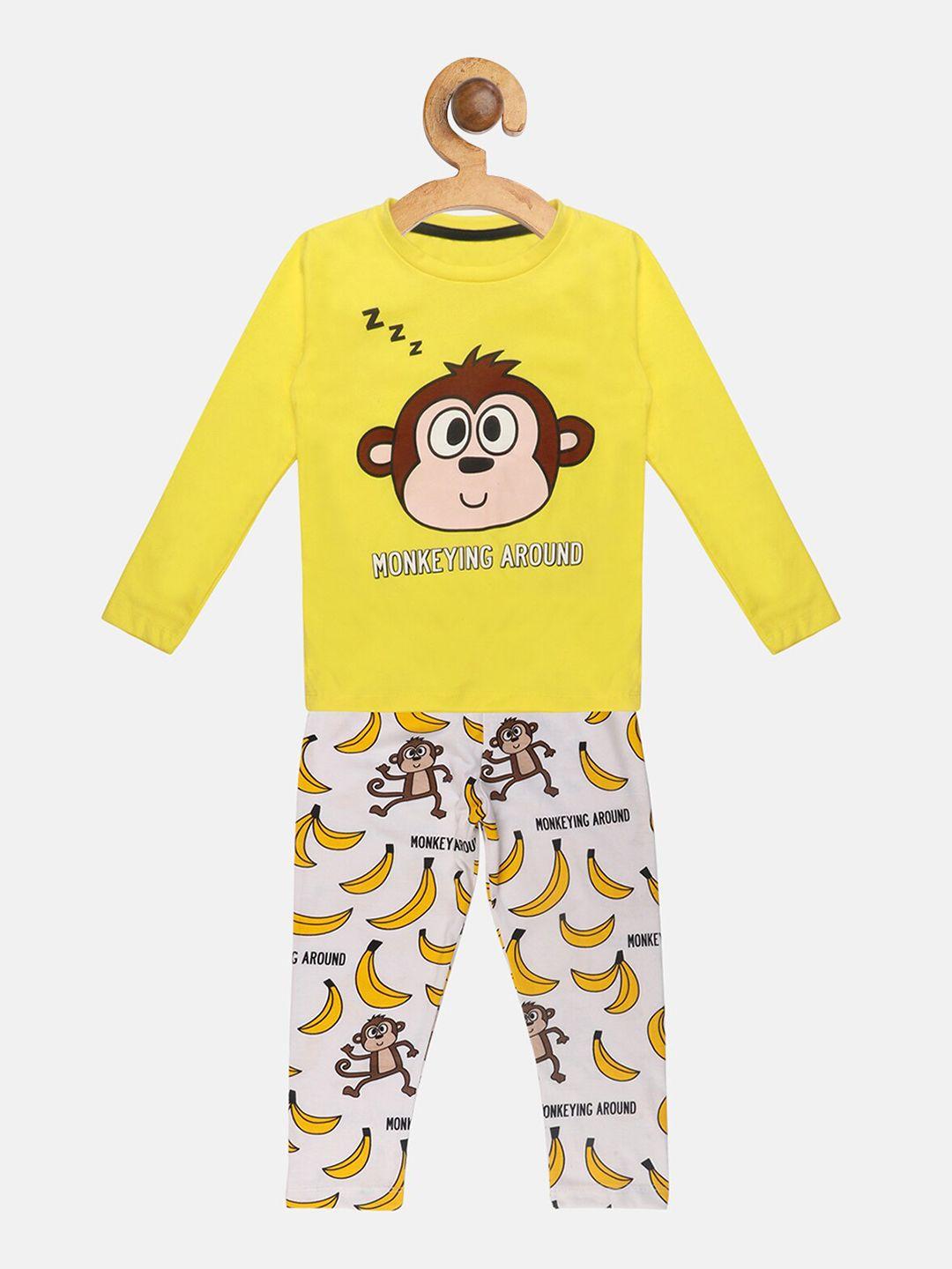 lazy shark boys yellow & off-white printed night suit