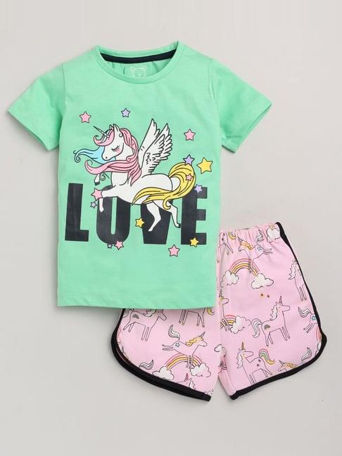 lazy shark kids green printed t-shirt & shorts