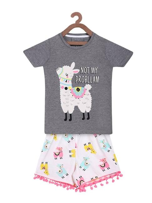 lazy shark kids grey & white printed  top with  shorts